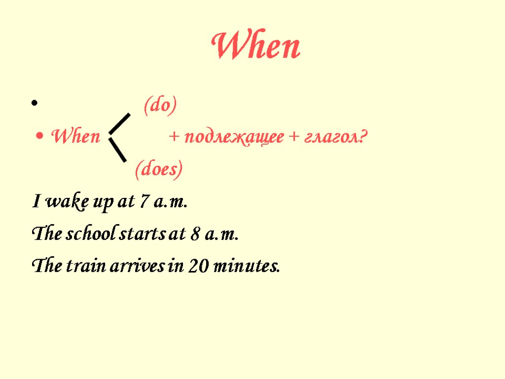 When (do) When + подлежащее + глагол? (does) I wake up at 7 a.m.